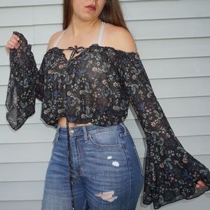 Black floral off-the-shoulder bell sleeve blouse